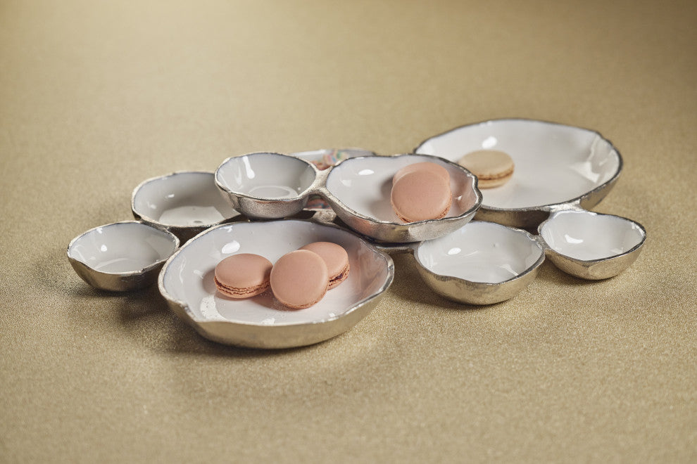 Cluster of Nine Round Serving Bowls With White Enamel Interior, Silver