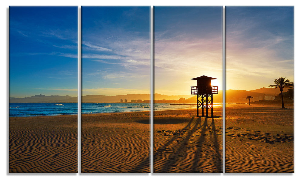 "Colorful Sunset in Valencia" Modern Beach Canvas Art Print, 4 Panels, 48"x28"