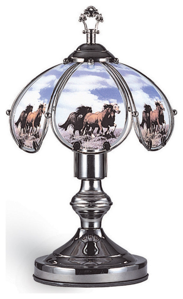 Benzara BM240856 Umbrella Shade Table Lamp With Running Horses Print, Silver