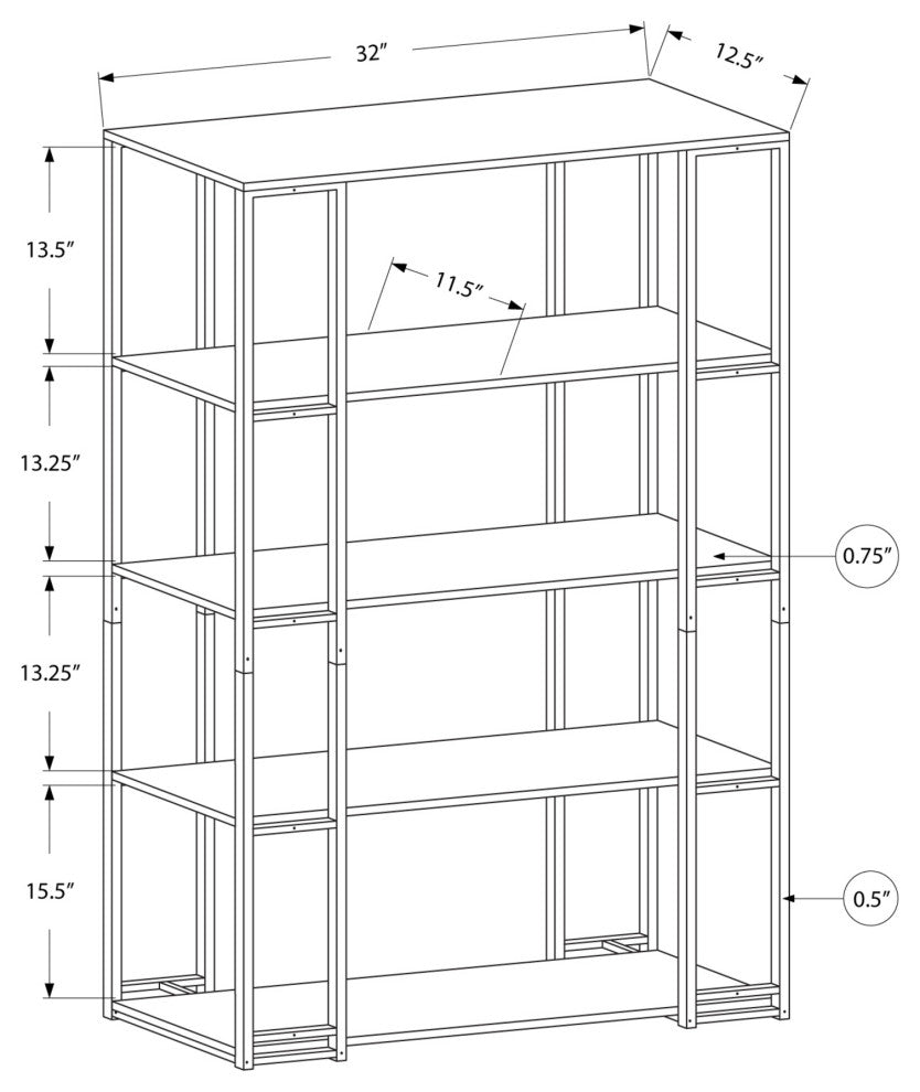 HomeRoots 12.5" x 32" x 62" Dark Taupe Black Mdf Metal Bookcase