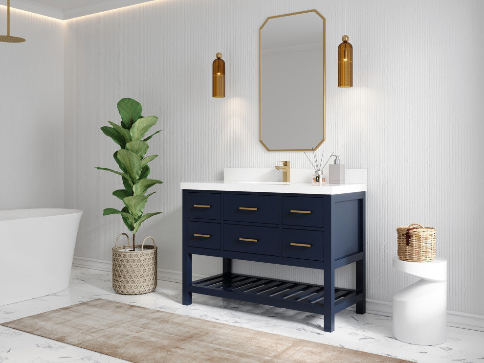 Parker 48 Single Sink Bath Vanity in Navy Blue  2" Calacatta Nuvo