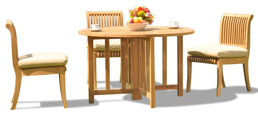 4-Piece Teak Set, 48" Butterfly Table, 3 Giva Chairs, Sunbrella Cushion, Brass