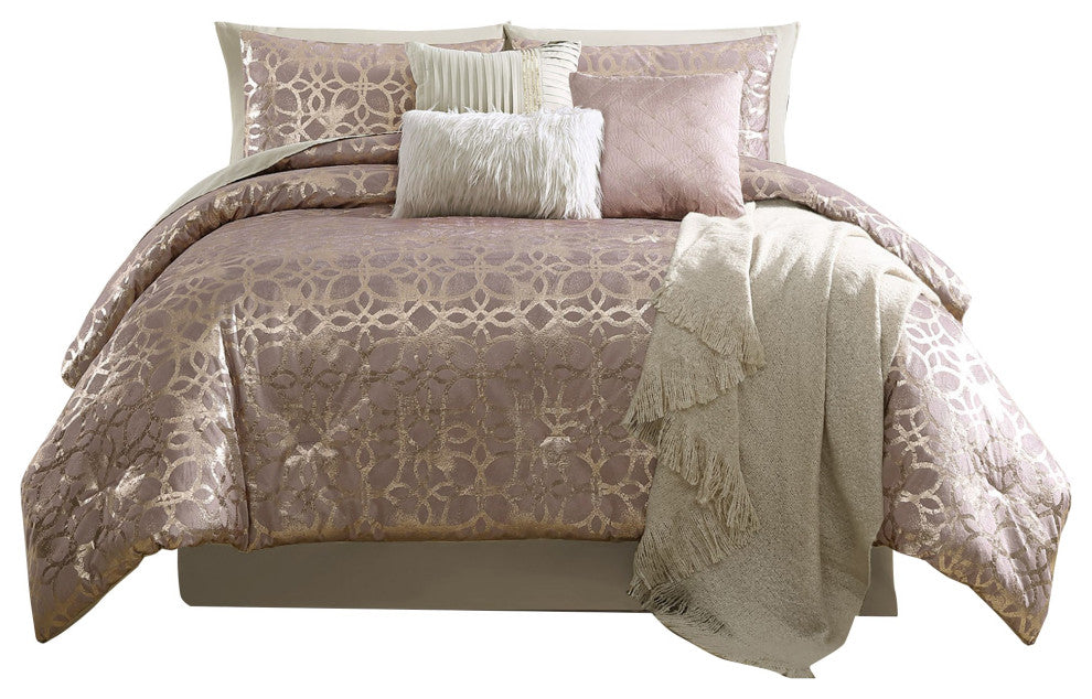 Benzara BM283877 Queen Size Poly Velvet Comforter Set, Foil Pattern, Blush Pink