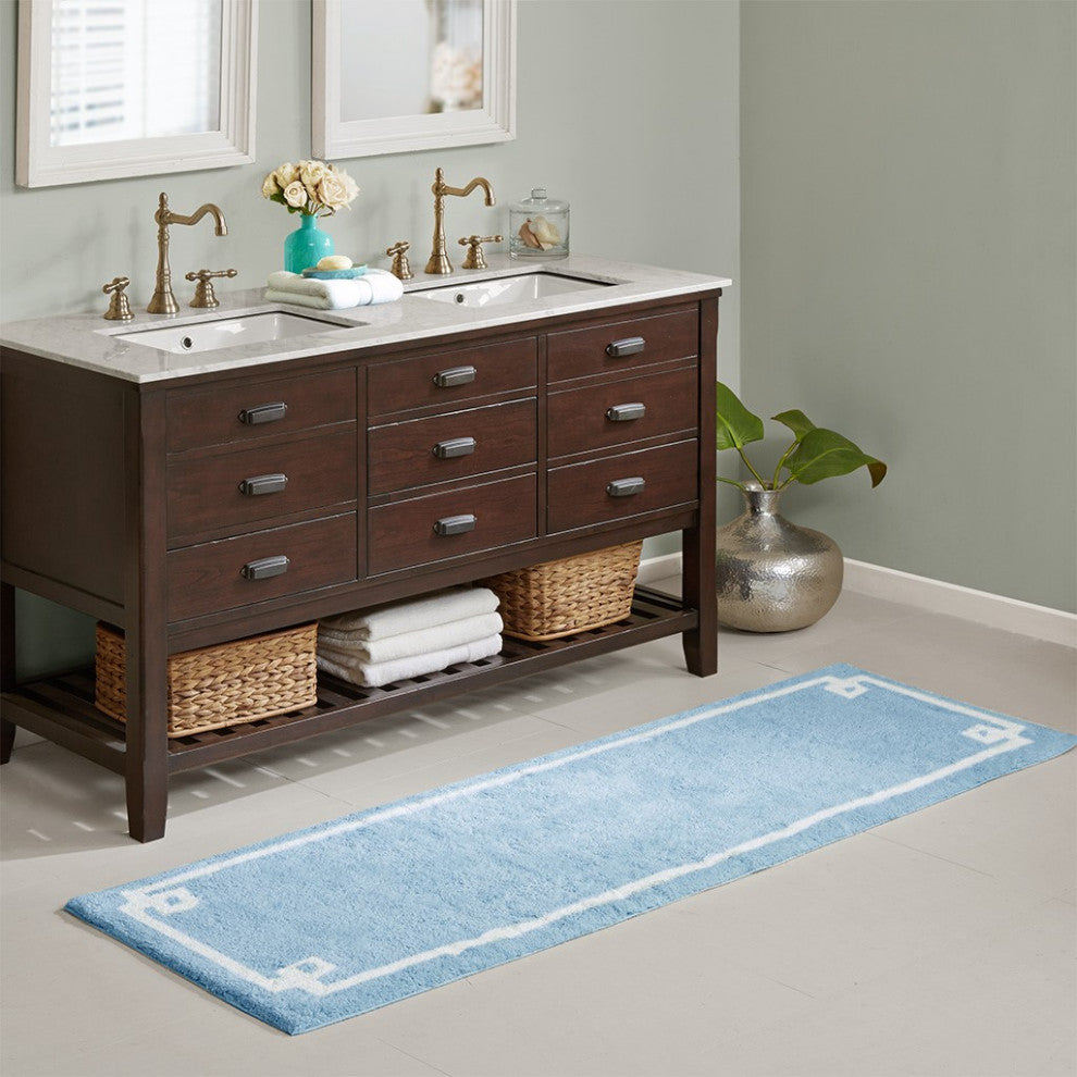Madison Park Evan High Pile Bordered Bathroom Rug, Blue, Blue, Runner