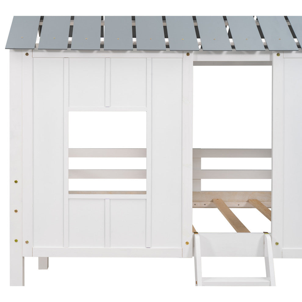 Gewnee Twin Size Low Loft House Bed with Roof and Two Front Windows in White