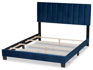 Baxton Studio Clare Queen Size Navy Blue Velvet Panel Bed with Tufted Headboard