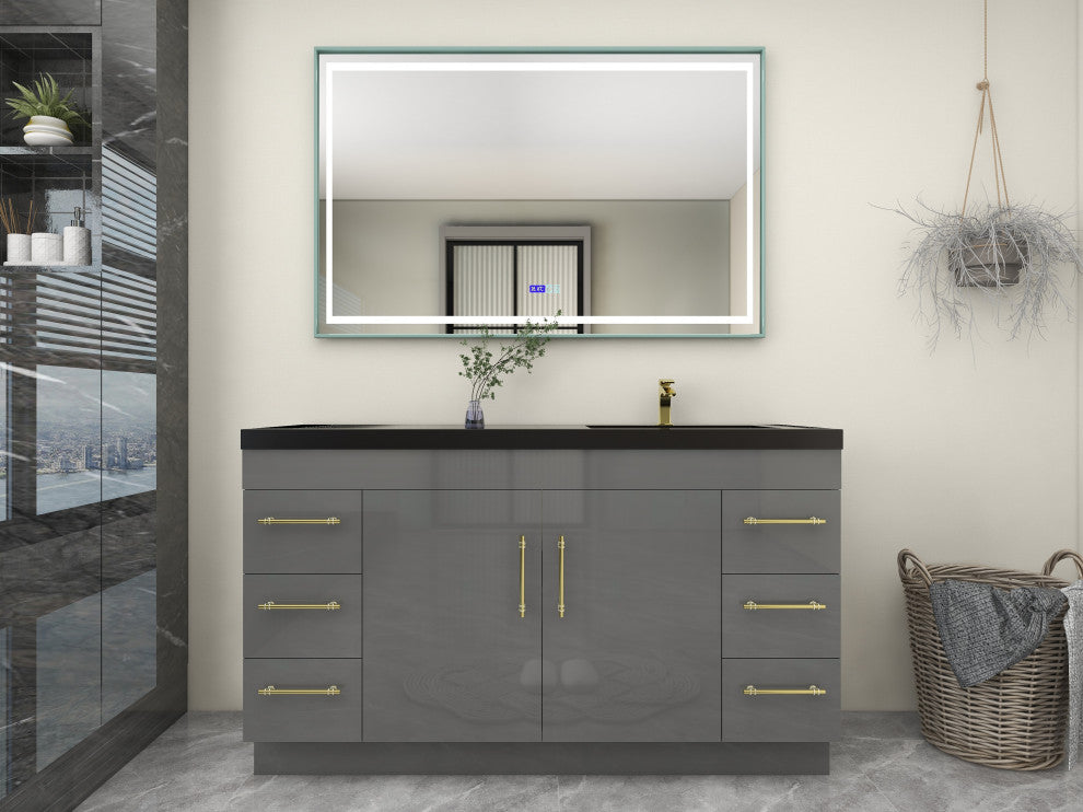 Rosa 60" Free Standing Modern Vanity, High Gloss Gray, Matt Black Top
