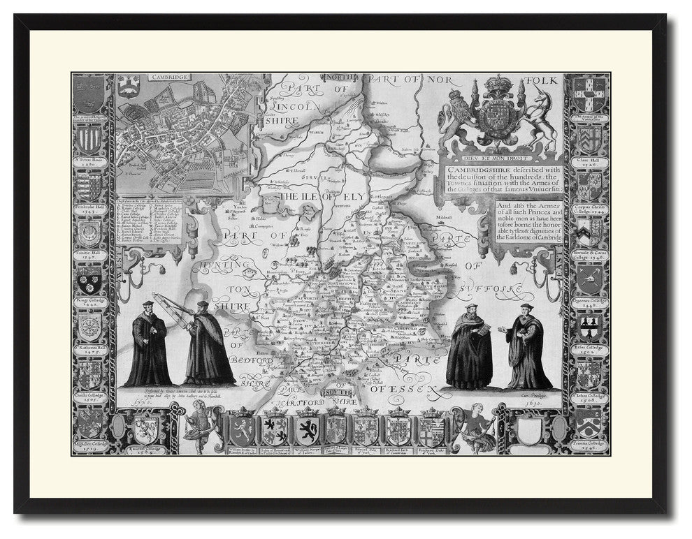 Cambridgeshire Vintage B&W Map Canvas Print, 28"x37"