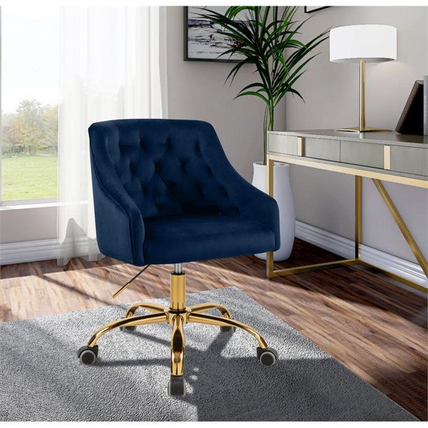 Elegant Office Chair, Velvet Seat & Buttonless Tufted Round Back, Navy/Gold