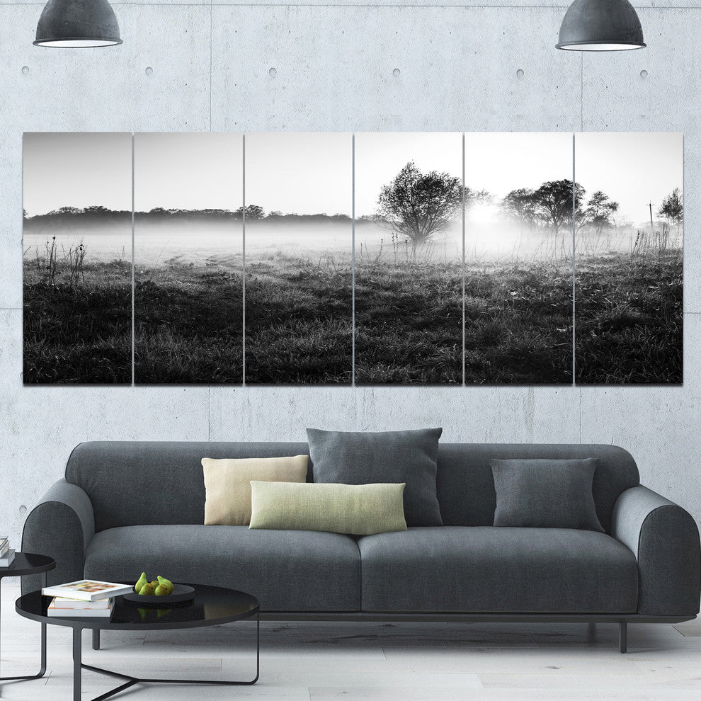 Rural Meadow in Mist, Landscape Canvas Art Print, 70"x28", 6 Panels