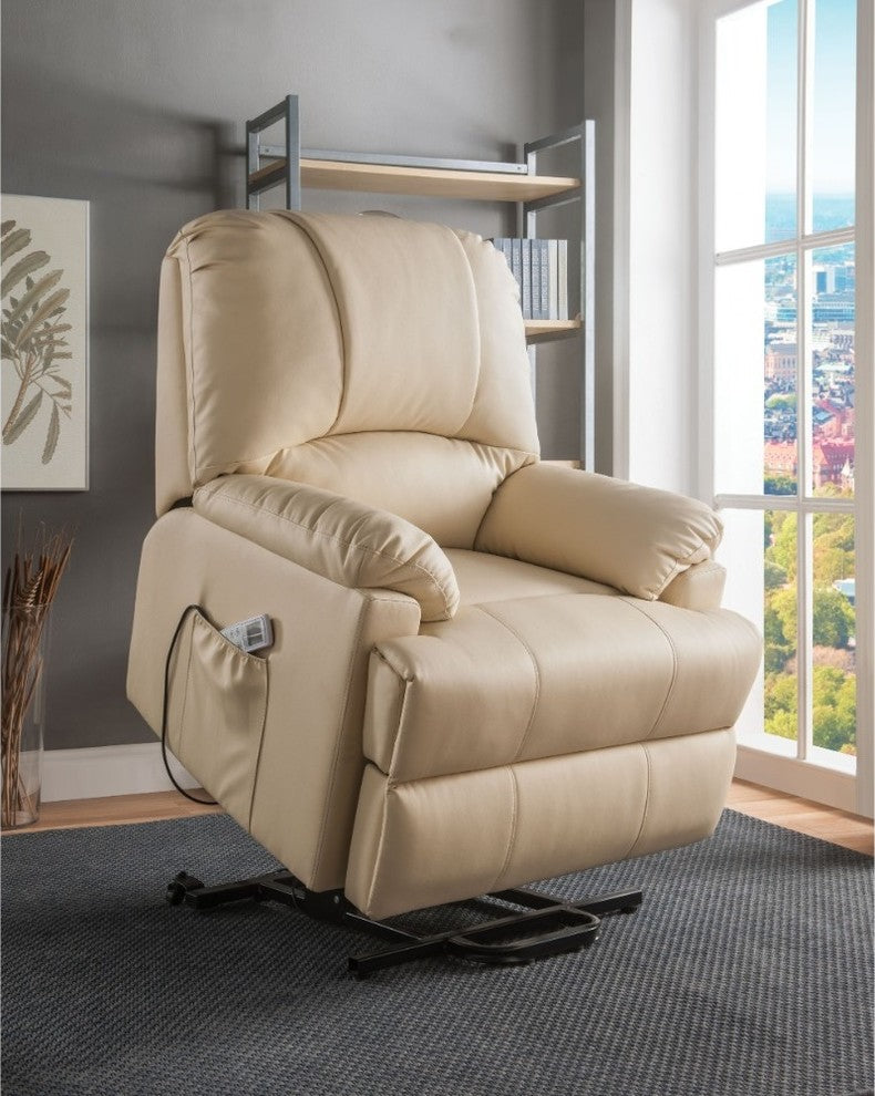 Benzara BM185601 Contemporary Upholstered Metal Recliner with Power Lift, Beige