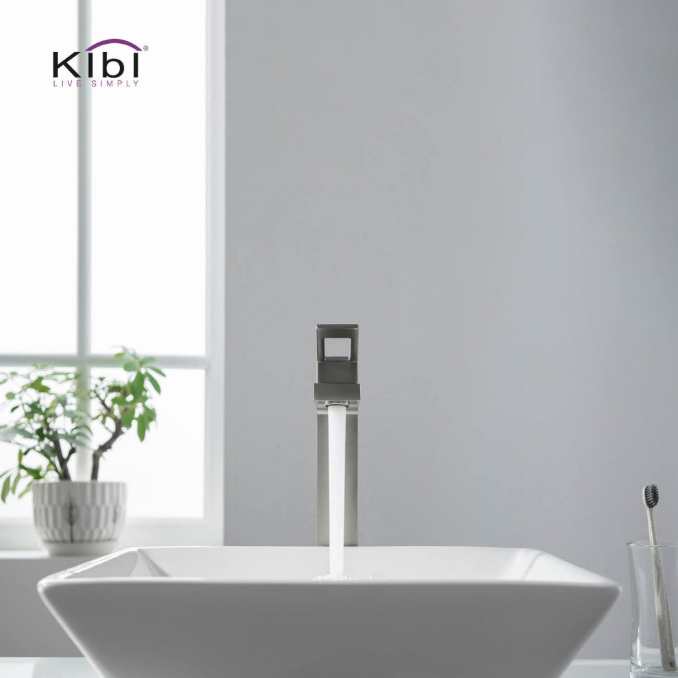 Cubic Single Handle Vessel Sink Faucet KBF1003, Brush Nickel, W/ Drain