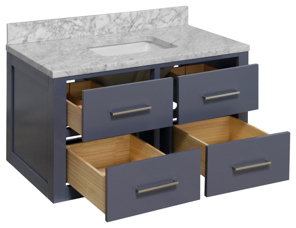 Helsinki 42" Floating Wall Mounted Bathroom Vanity, Marine Gray, Carrara Marble