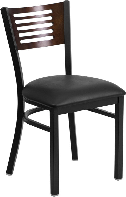 Black Slat Back Metal Chair, Walnut Wood Back, Black Vinyl Seat