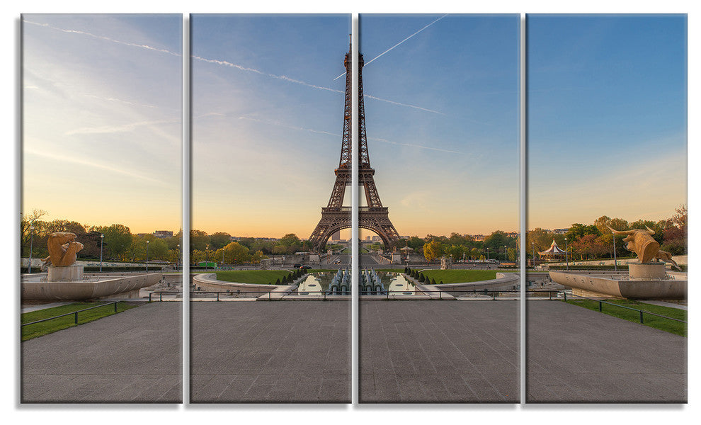 "Wide View of Paris Eiffel Tower at Sunrise" Cityscape Art, 48"x28", 4-Panels
