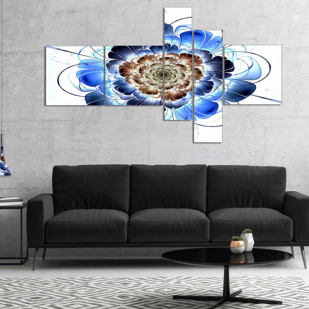 Dark Blue Fractal Flower, Floral Art Canvas Print, 60"x32", 5 panels