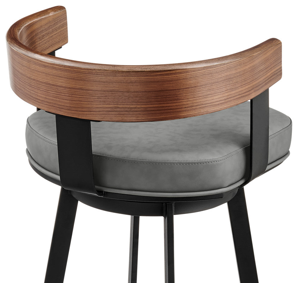 Idris Swivel Stool, Black/Walnut Finish & Gray Faux Leather, Counter, 26"