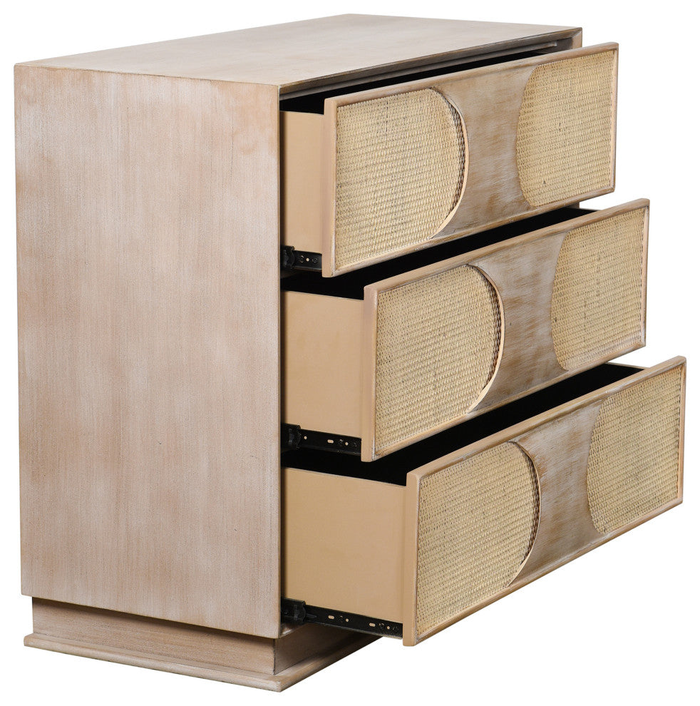 Melrose Chest-Three Woven Cane Drawers-Light Bisque Finish-White Wash Top Coat