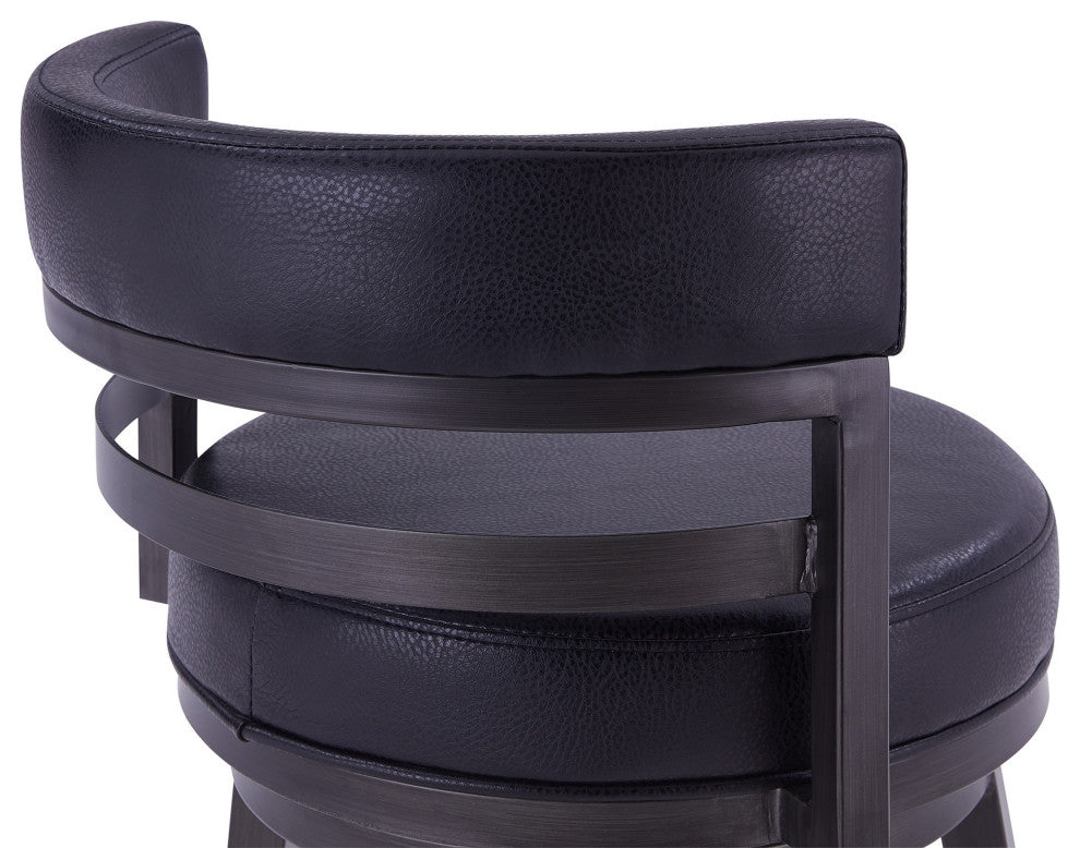Benzara BM282098 Swivel Bar Stool, Vegan Leather, Curved Back, Black, Gray