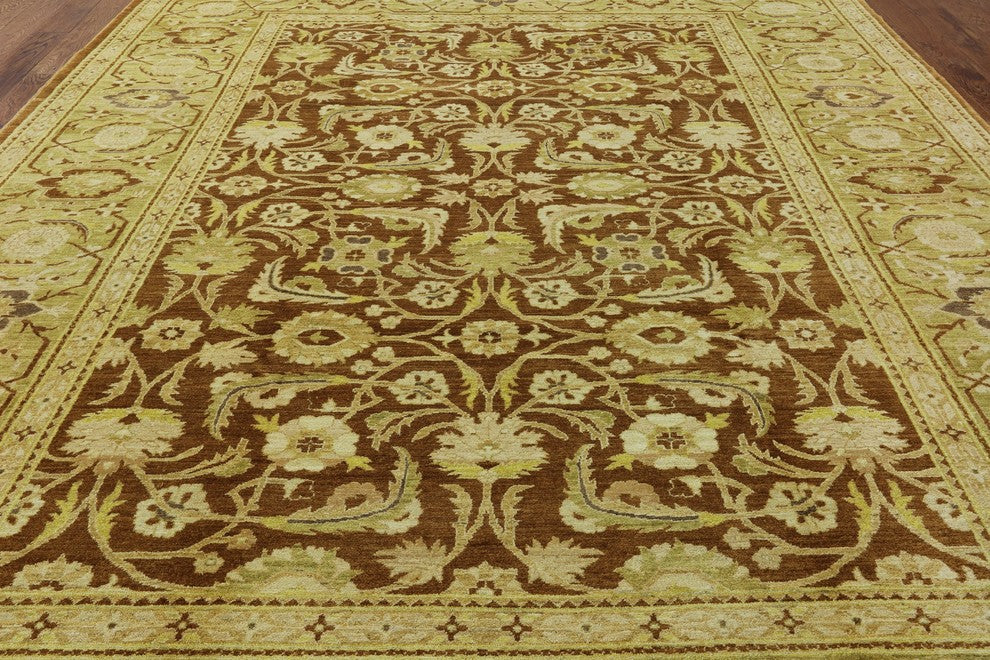 Oriental Oushak Ochre Hand-Knotted Chobi Peshawar Quality Wool Rug, 10'x14'