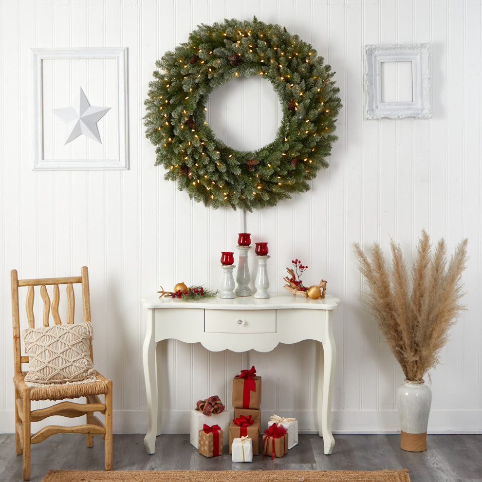 4ft. Large Flocked Faux Xmas Wreath W/Pinecone, Clear Lights & Bendable Branches