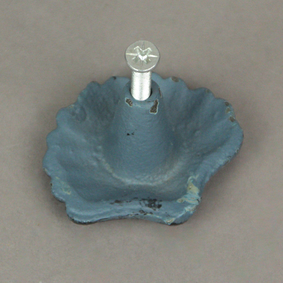Set of 6 Blue Cast Iron Scallop Sea Shell Drawer Pulls Nautical Cabinet Knobs
