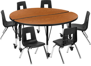 Mobile 47.5" Circle Wave Activity Table Set with 14" Student Stack Chairs, Oak