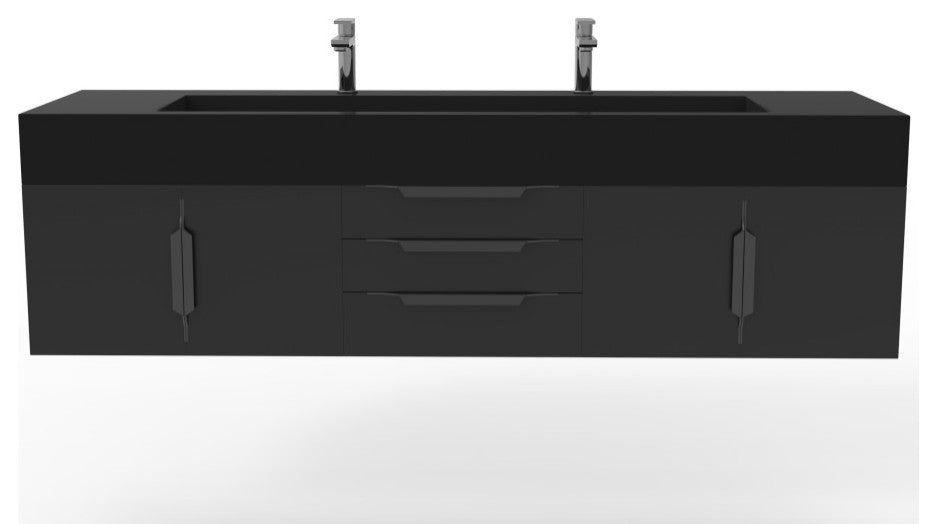 CastelloUSA Nile 72" Wall Mounted Vanity Set, Black, Black Top, Black Handles