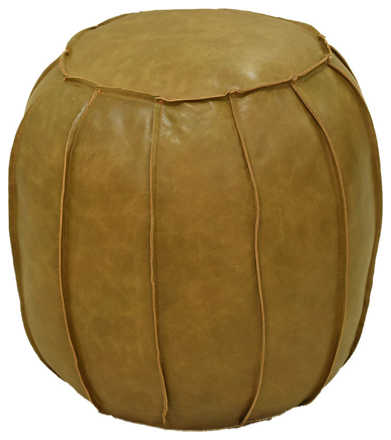 Handmade Leather Round Pouf (Recycled Foam with Fiber Fill) Cognac Color, 21x21x12