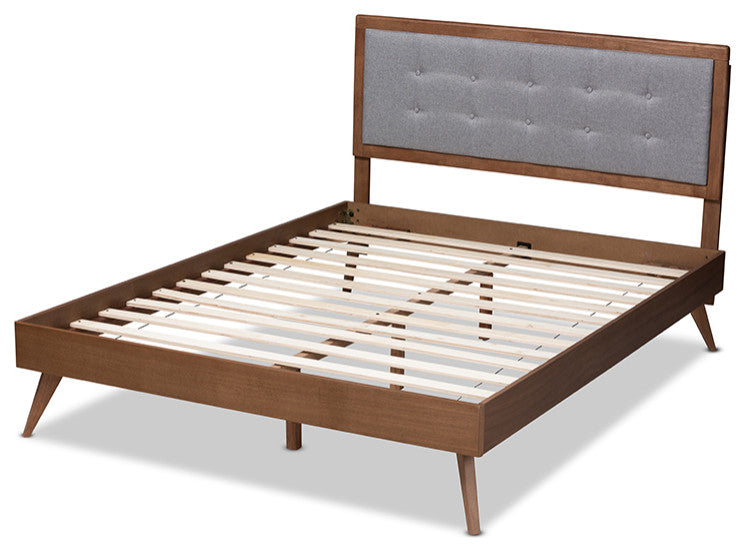 Ines Mid-Century Modern Light Gray Walnut Brown Wood Full Size Platform Bed