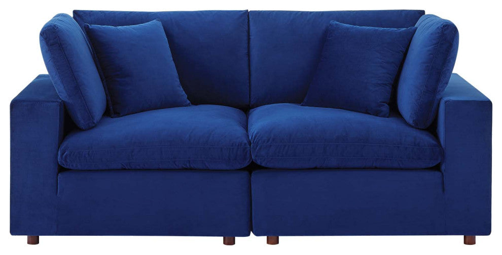 Loveseat Sofa, Velvet, Blue Navy, Modern, Living Lounge Hotel Lobby Hospitality