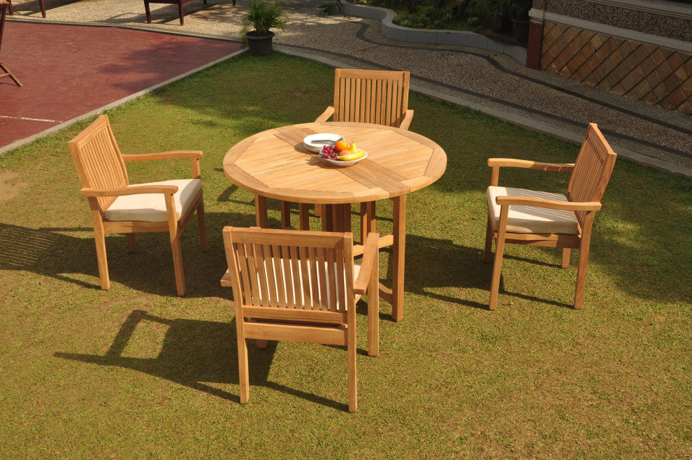5-Piece Outdoor Teak Dining Set: 48" Butterfly Table, 4 Leveb Stacking Arm Chair