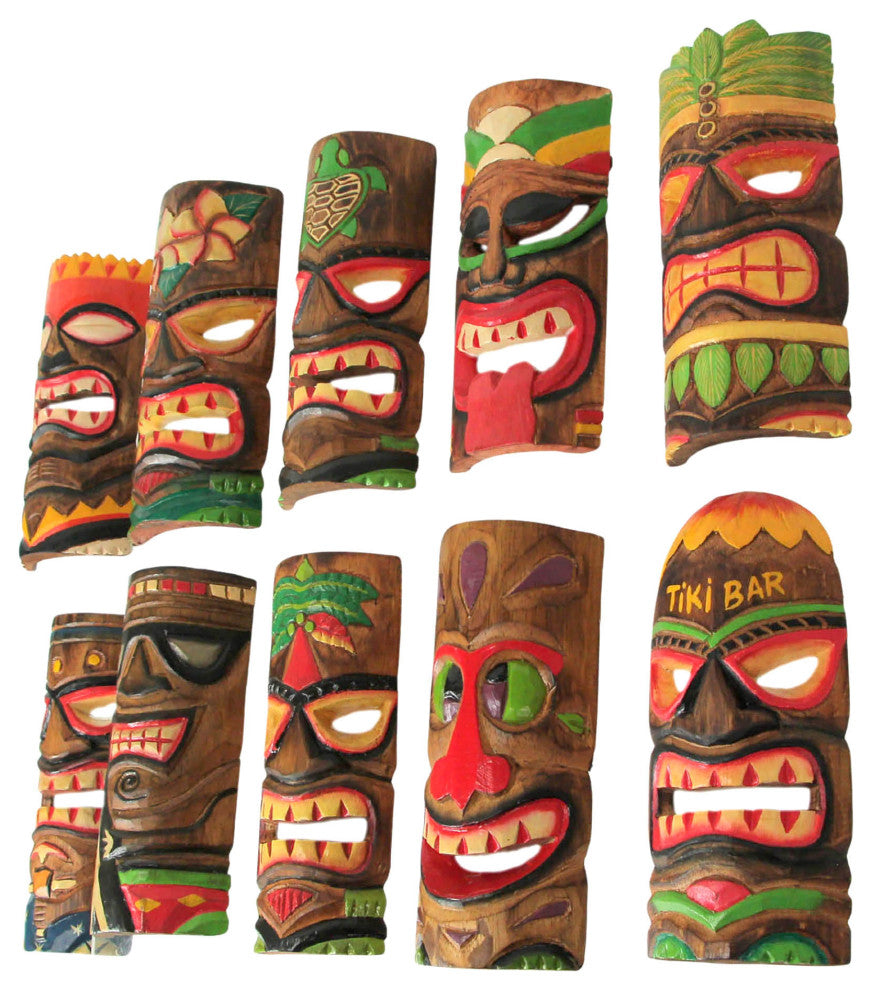 Hand Carved Wood Art Polynesian Party Hawaiian Tiki Masks 10 Piece Set 10 Inch