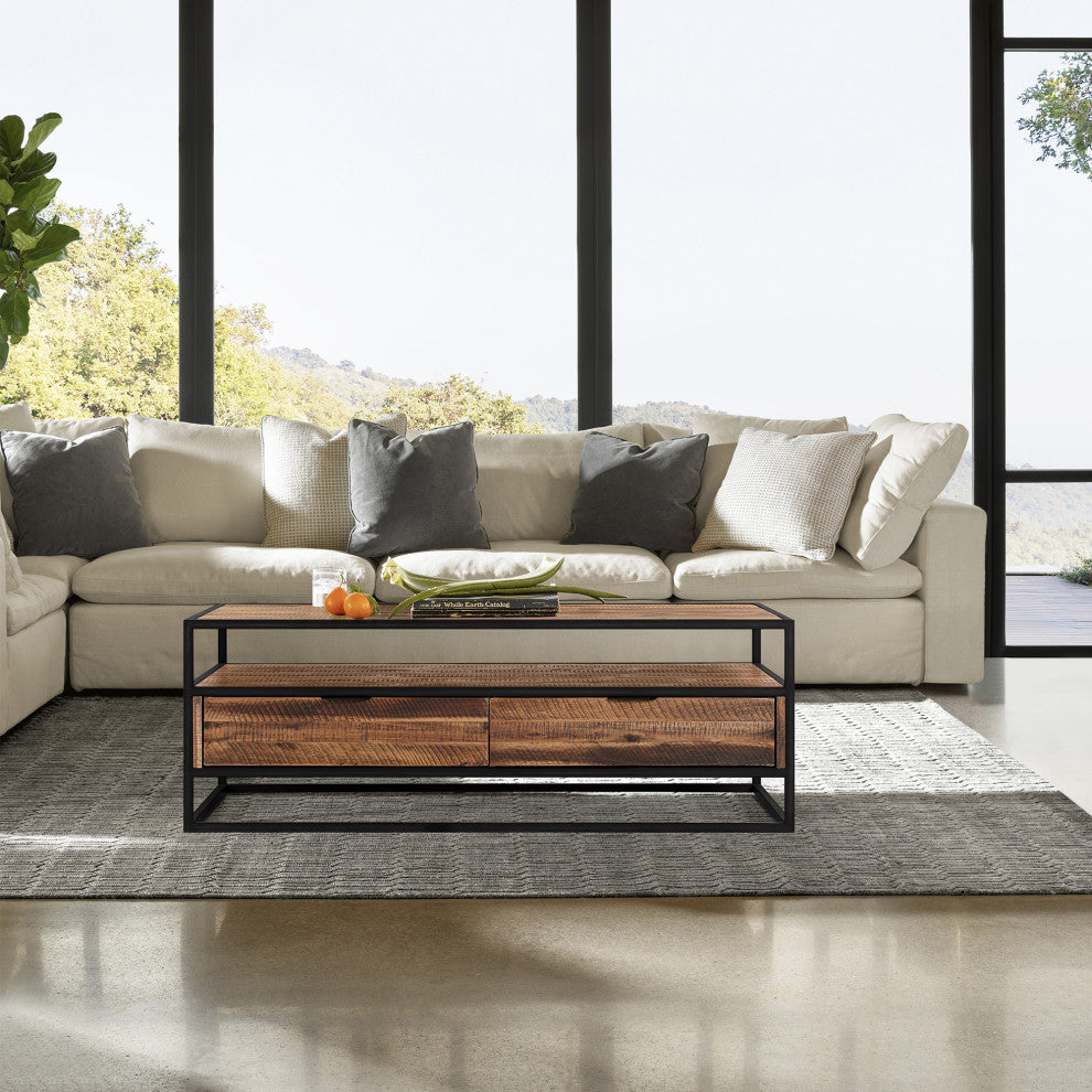 Ludgate Rectangle Coffee Table With Shelf, Acacia and Black Metal
