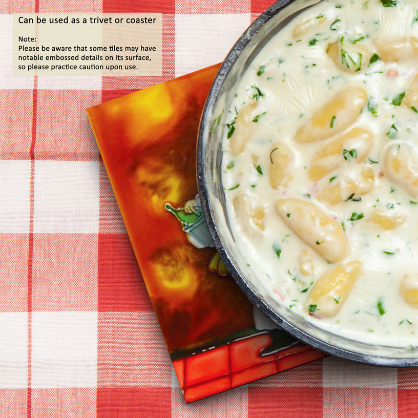 8x8" Fat Chef With Side Table Ceramic Art Tile and Trivet Hot Plate