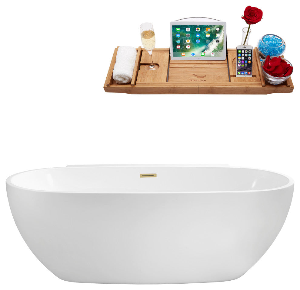 59" Streamline N300BBR Bathtub and Tray With Drain, Brushed Brass