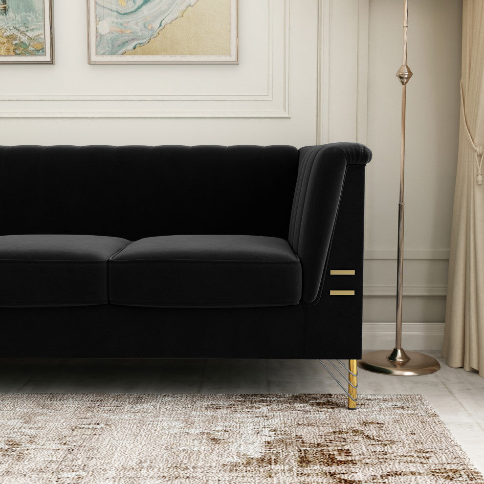 83.4'' Tuxedo Velvet Arm Sofa with Gold Leg, Black