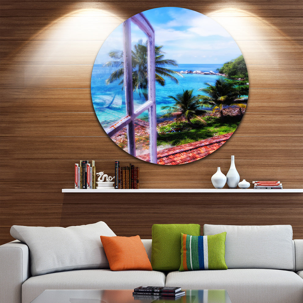 Light House Window View, Landscape Photo Round Metal Wall Art, 11"