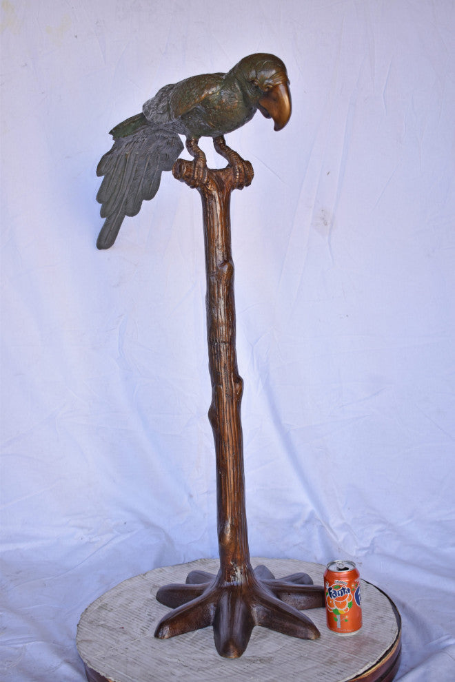 Parrot on a Tree Watching Forward Bronze Statue - Size: 36"L x 15"W x 41"H.