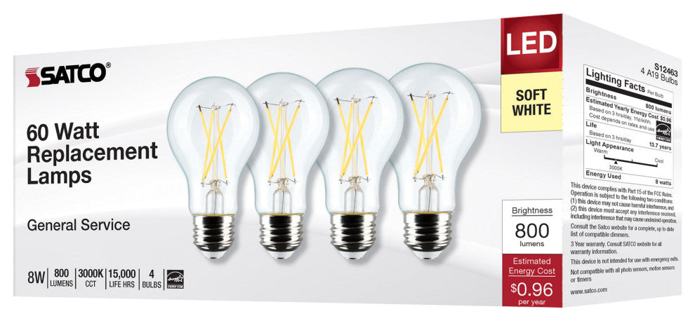 8W A19 LED, Clear, 3000K, Medium Base, 120V, 4-Pack