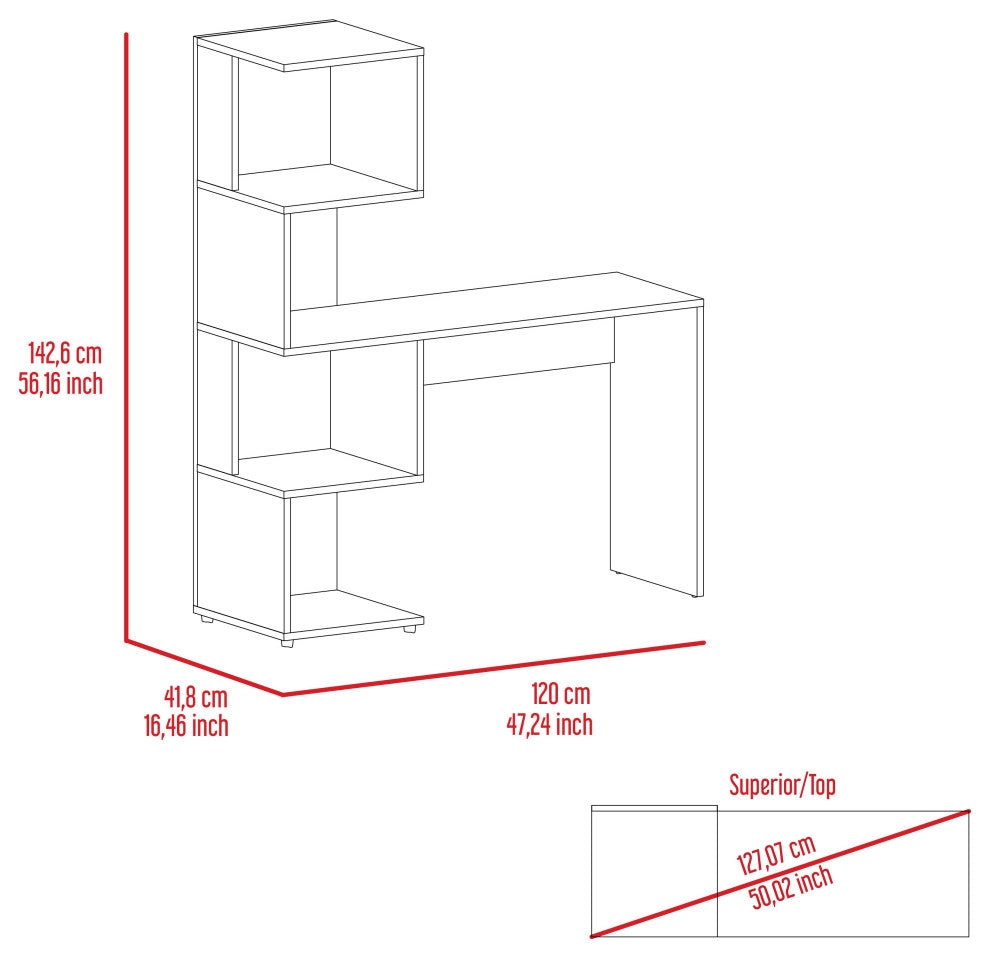 Delhi Desk with Bookcase and 4 Storage Shelves, Light Oak/White