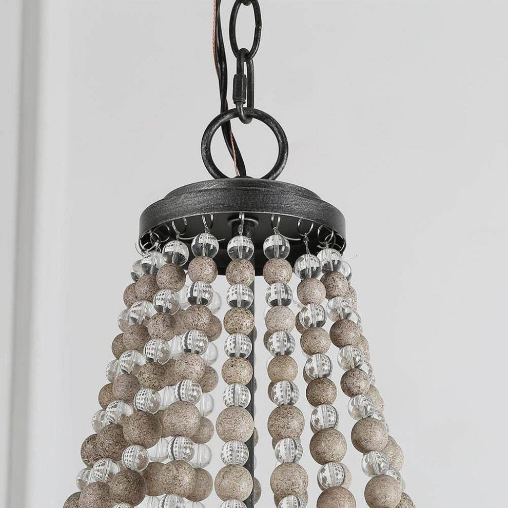 LNC 6-light Farmhouse Black Brushed Wood Beaded Bohemian Chandelier