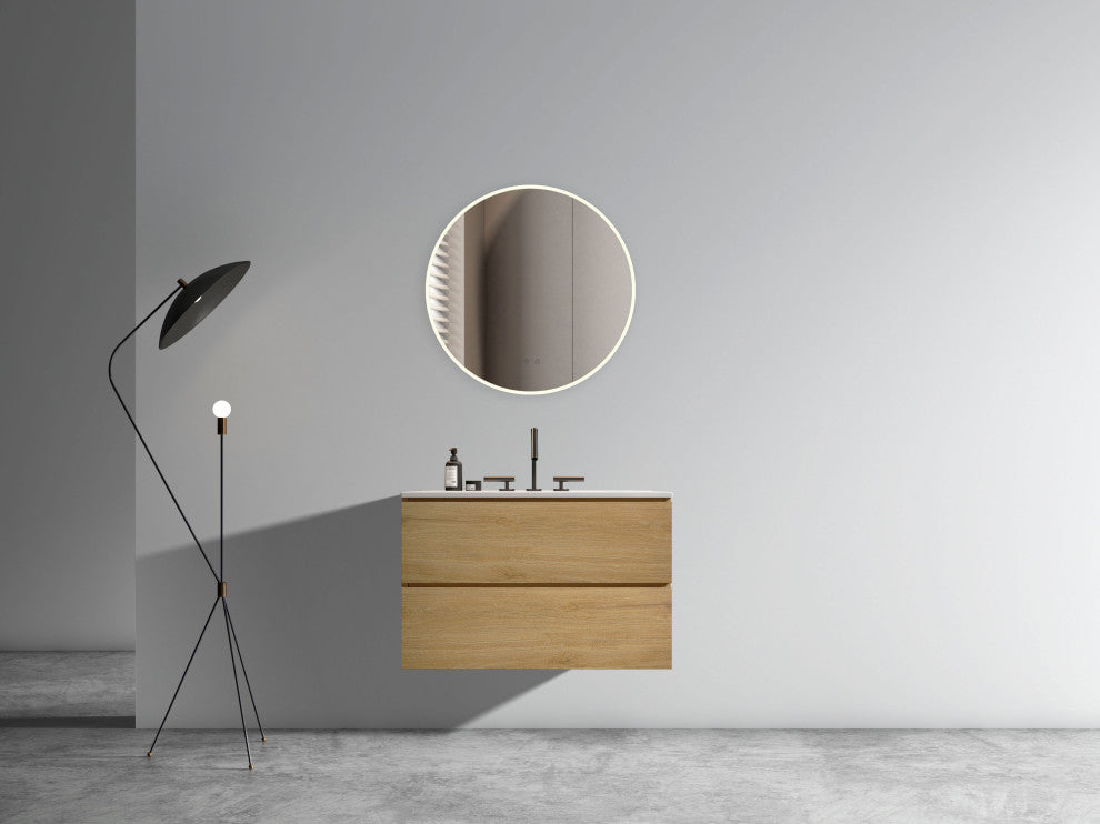 Wall-Mounted Bathroom Vanity Set with Ceramic Sink with three faucet holes, Oak, 30"