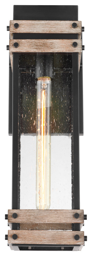 Homestead 1-Light Large Wall Lantern, Matte Black/Wood/Clear Seed