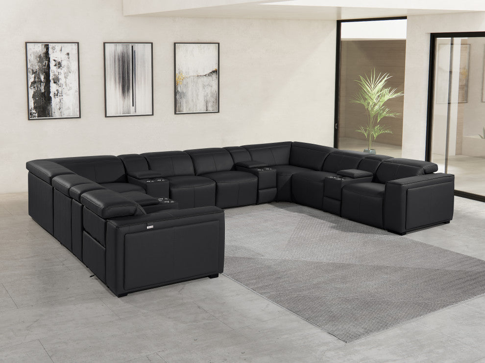 Niccolo Italian Leather 12-Piece U-Shaped 4 Power Reclining Sectional, Black
