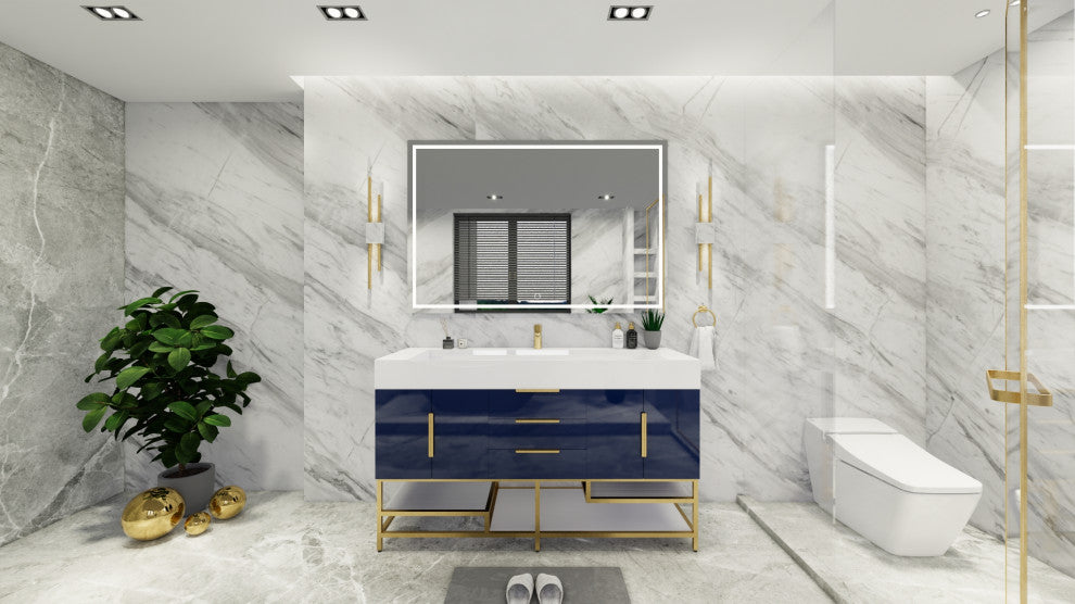 Madison 60" Free Standing Single Sink Vanity with Reinforced Acrylic Sink, High Gloss Blue