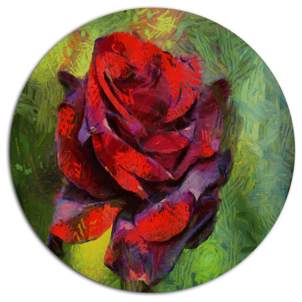 Red Rose Illustration On Green, Modern Floral Disc Metal Wall Art, 36"