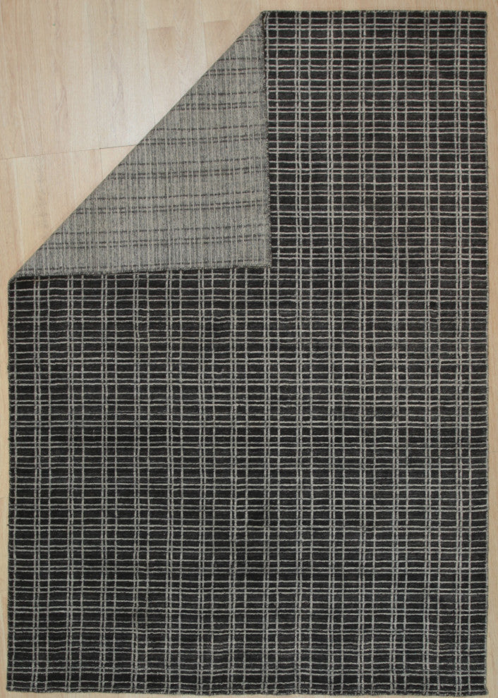 Handmade Wool and Viscose Charcoal Geometric Loom Check Rug, 8x9'9