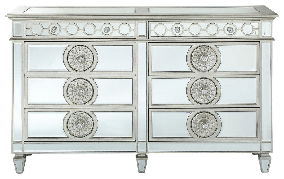 Benzara BM251278 Dresser With Mirror Front 8 Drawers and Sunburst Motifs, Silver