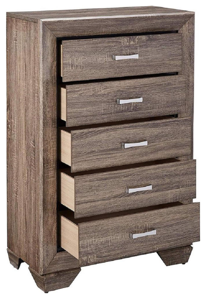 Wood Chest with 5 Drawers, Washed Taupe